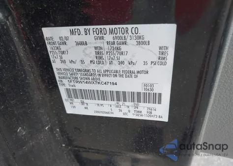 2007 Ford F-150 Xlt from USA, damaged, VIN 1FTRW14WX7KC47194